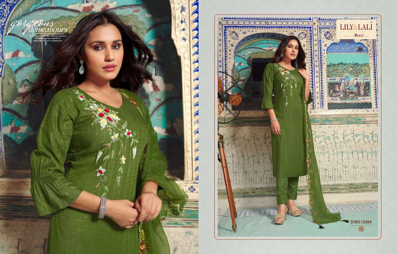 lily & lali present metro fusion beautiful fancy handwork kurti with pant and organza dupatta catalog