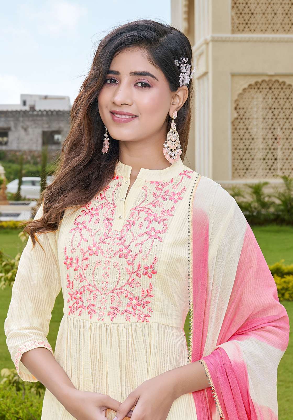 pink mirror present fairytales fancy work readymade nayra cut salwar kameez catalog