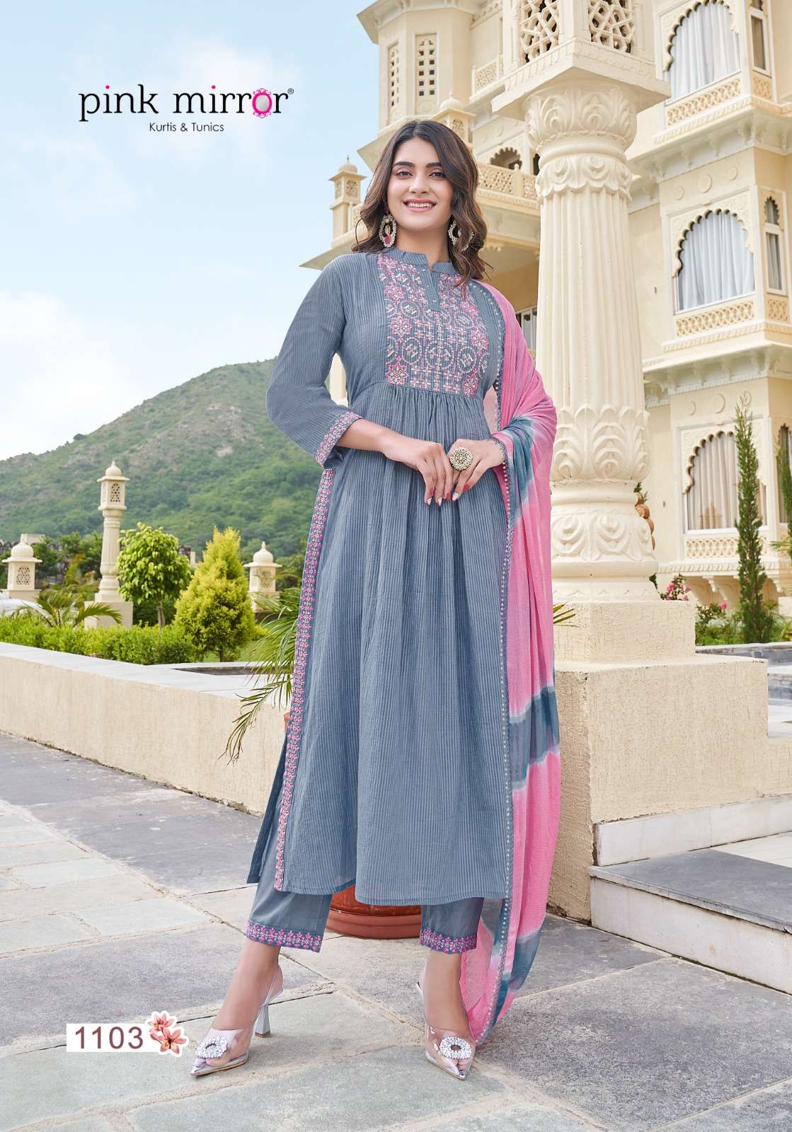 pink mirror present fairytales fancy work readymade nayra cut salwar kameez catalog