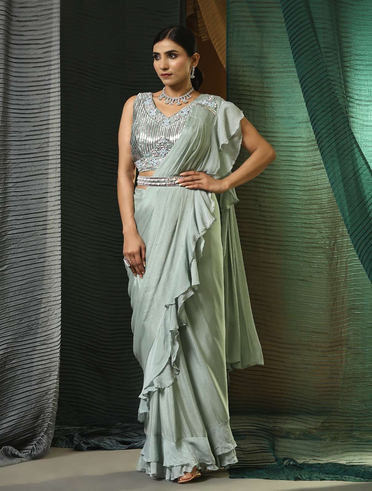 pr 1016322 ready to wear fancy ruffle style pallu saree with cording work blouse and belt