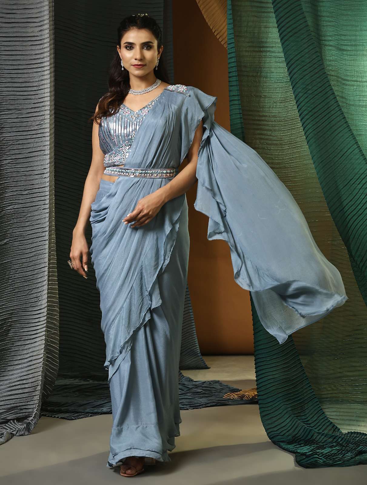 pr 1016322 ready to wear fancy ruffle style pallu saree with cording work blouse and belt