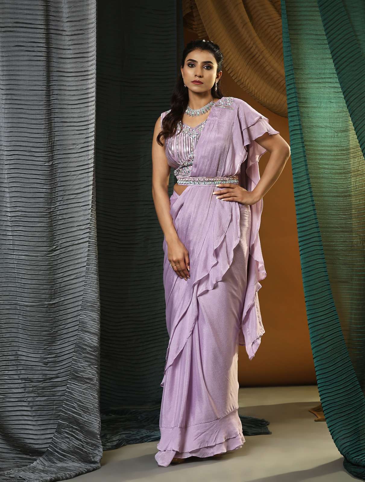 pr 1016322 ready to wear fancy ruffle style pallu saree with cording work blouse and belt