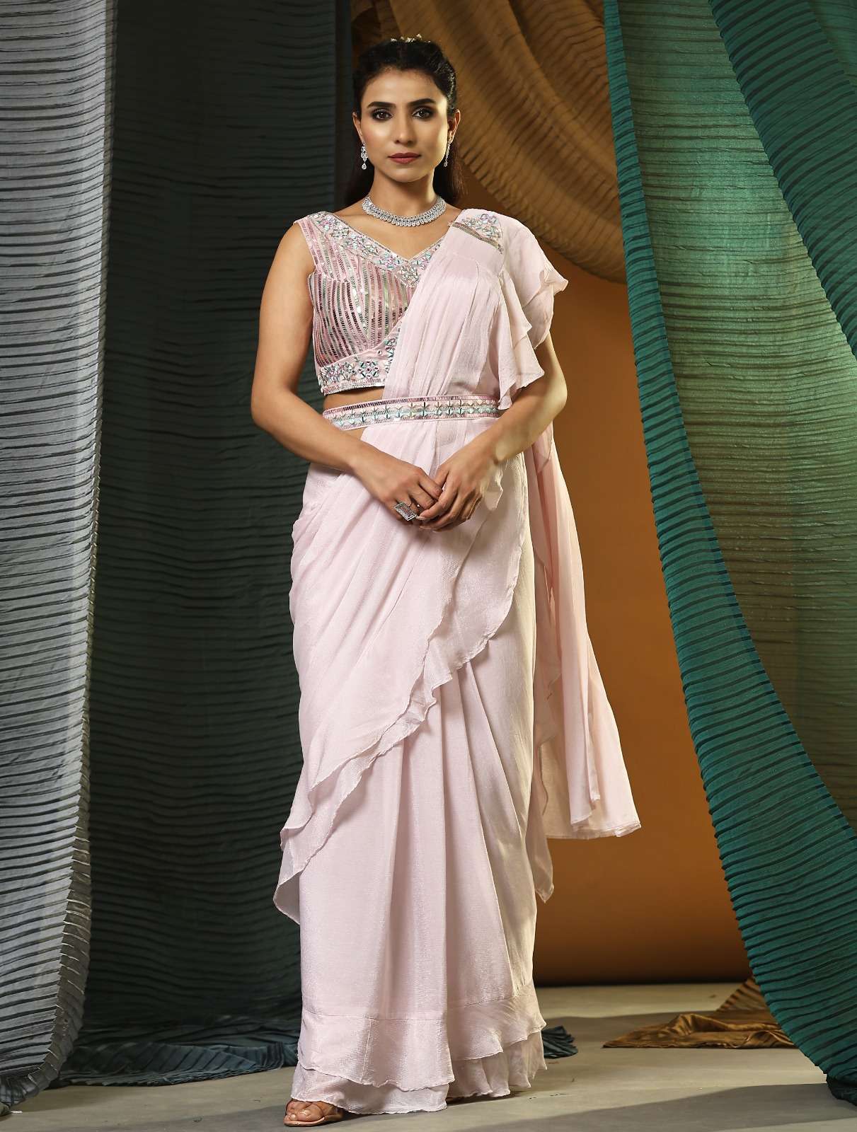 pr 1016322 ready to wear fancy ruffle style pallu saree with cording work blouse and belt