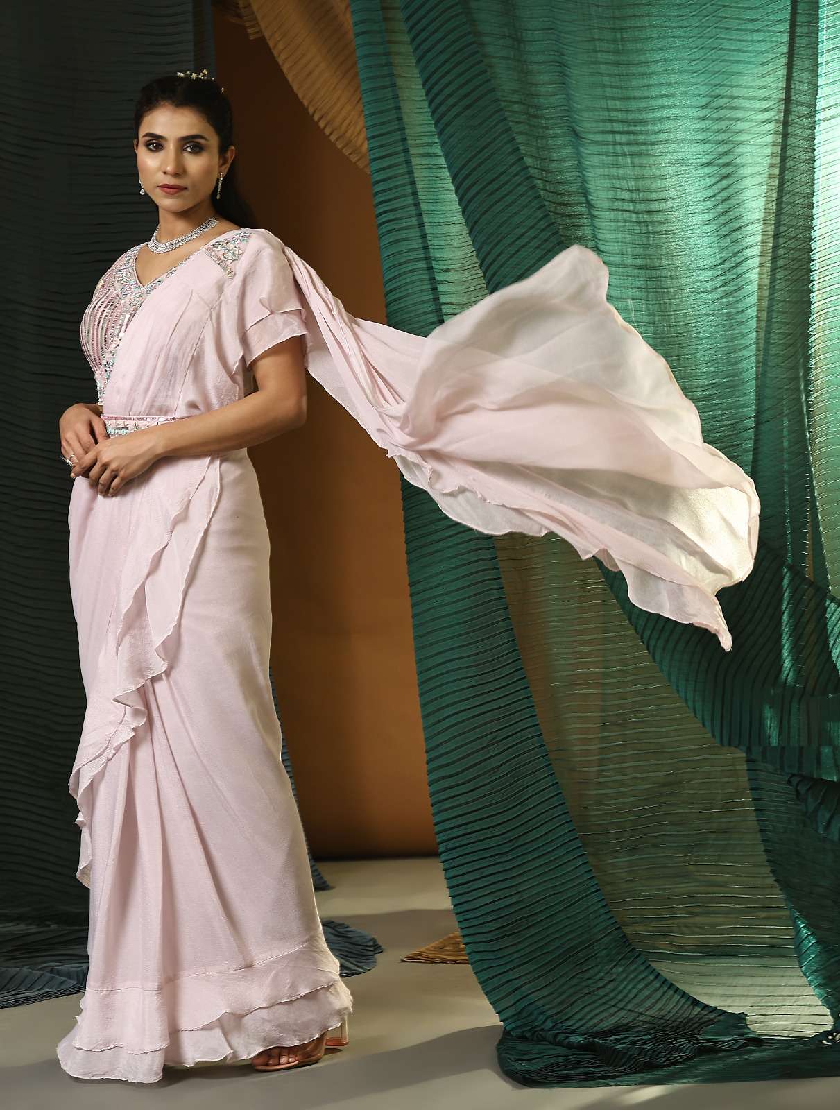 pr 1016322 ready to wear fancy ruffle style pallu saree with cording work blouse and belt