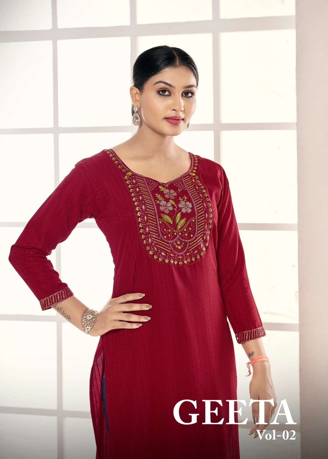 pr geeta vol 2 multi color embroidery neck work fancy casual kurti 
