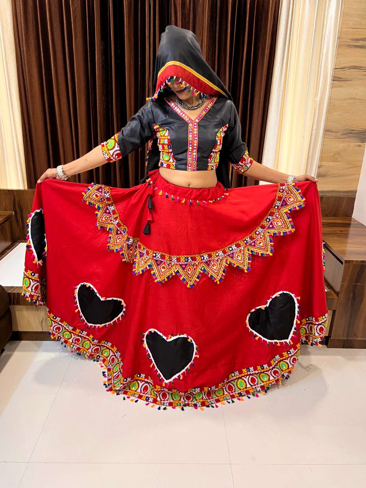 ravishing red-black color special navratri single readymade chaniya choli 7054 rajwadi vol 8 by aawiya