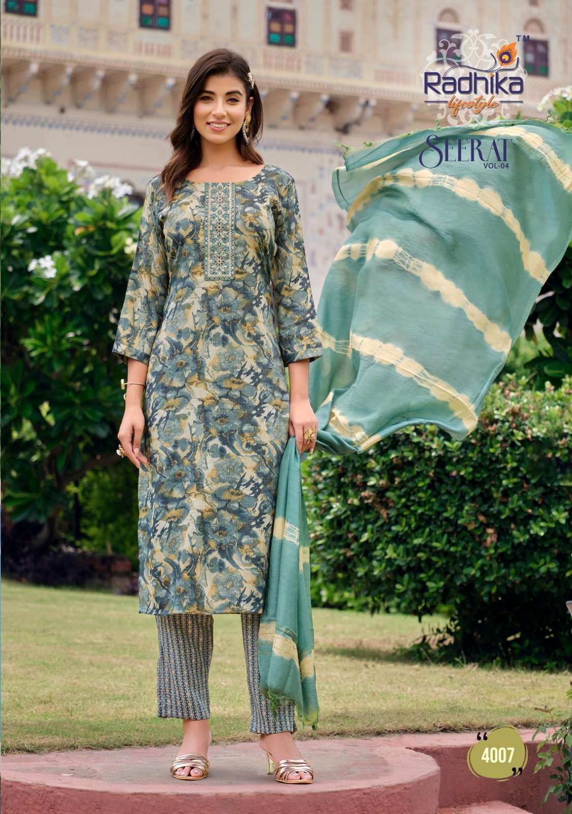 seerat vol 4 by radhika lifestyle fancy work full stitch kurti with pant and dupatta catalog