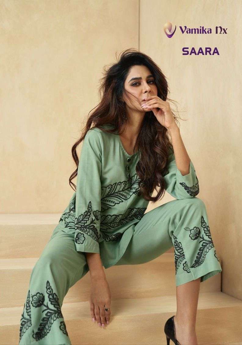 vamika nx launch saara fancy cord set beautiful designs tunic with pant catalog