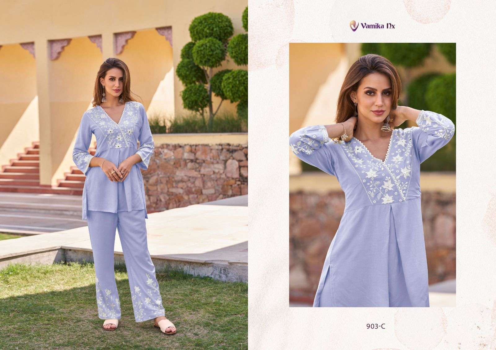 vamika nx vintage silver fancy cord set amazing white thread tunic and pant