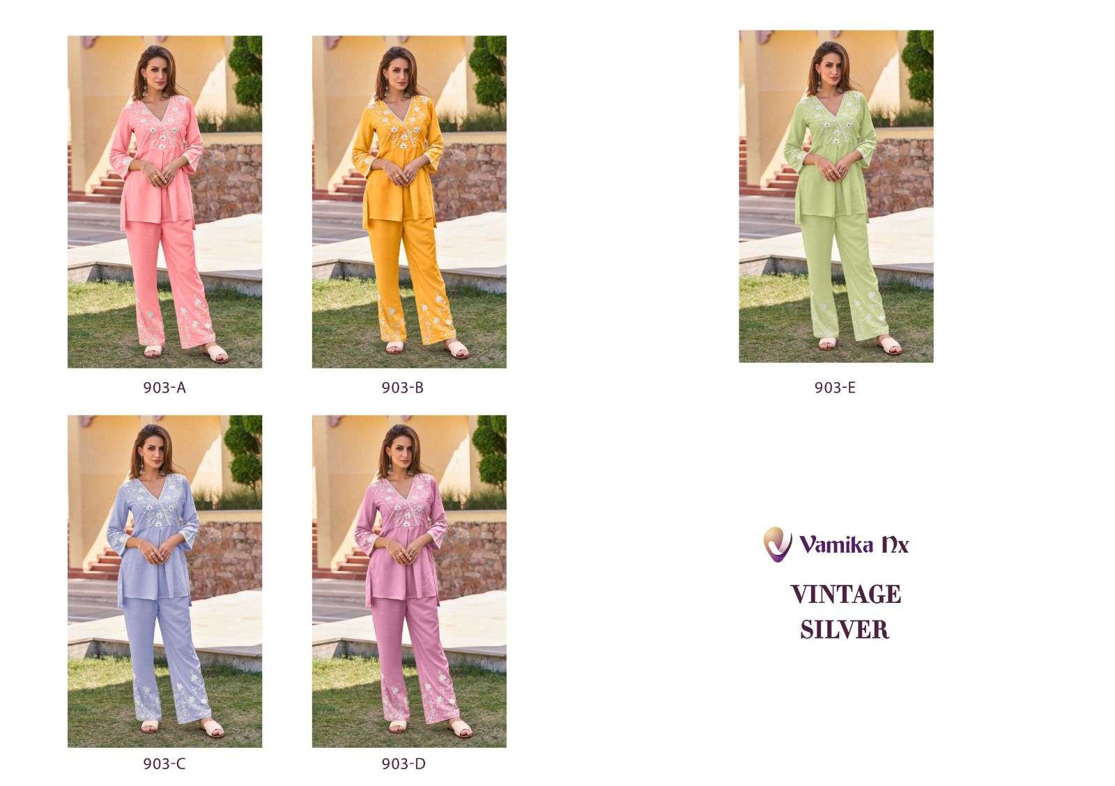 vamika nx vintage silver fancy cord set amazing white thread tunic and pant