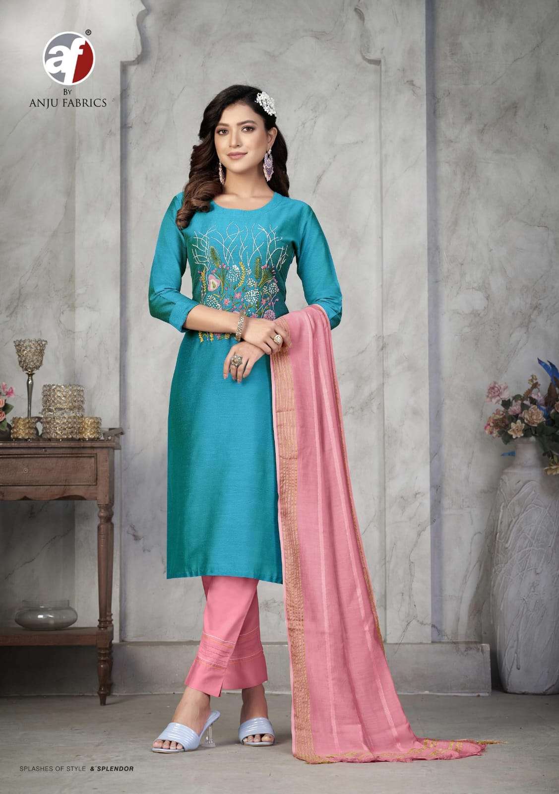 anju fab present odhani adorable fancy work kurti with pant and dupatta catalog