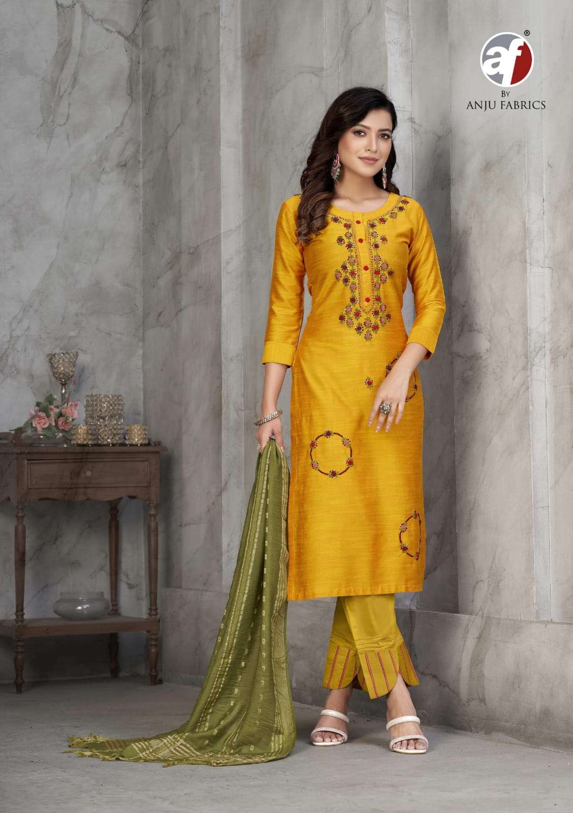 anju fab present odhani adorable fancy work kurti with pant and dupatta catalog