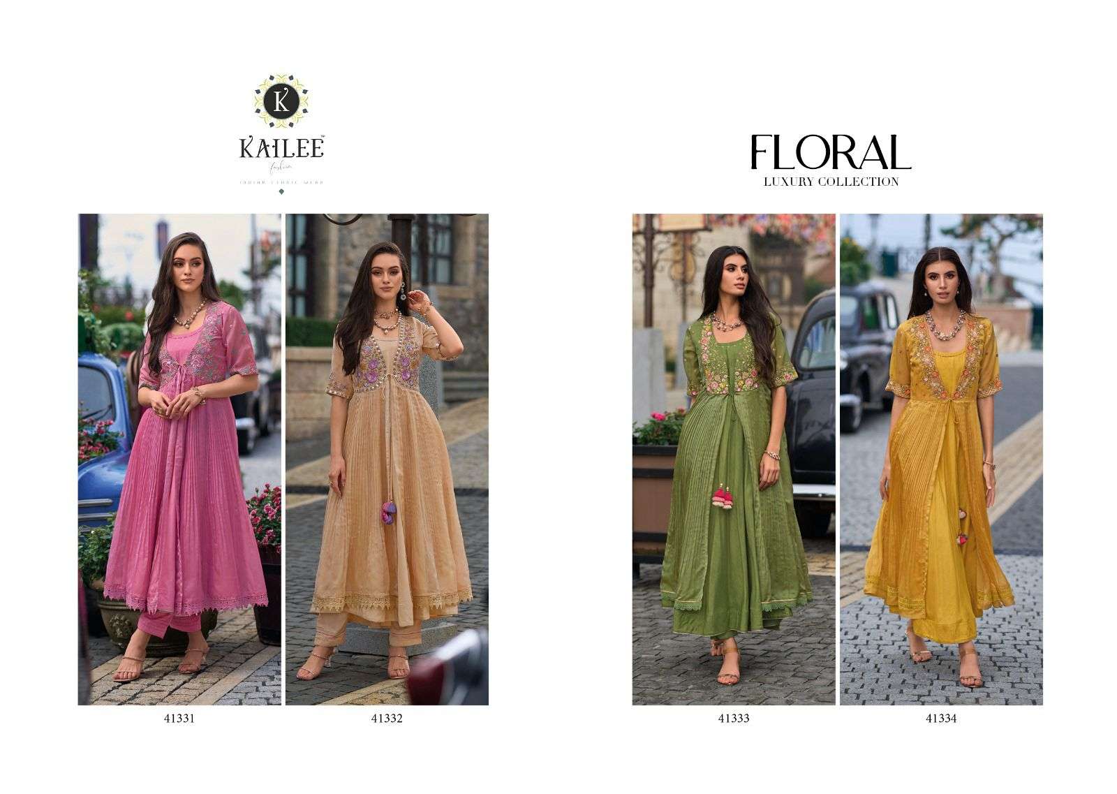 kailee fashion present floral festive wear readymade kurti with koti and pant catalog