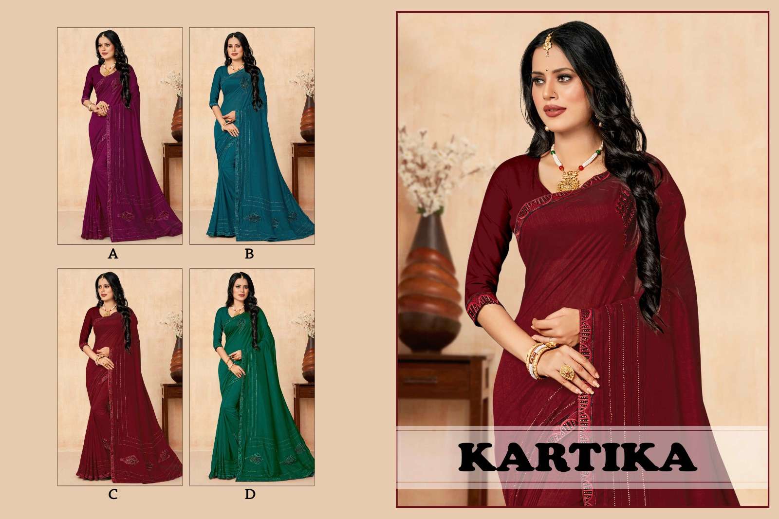 KARTIKA  BY RANJNA SAREE  FANCY FABRICS PATCH WORK  WITH SIROSKI DIAMOND AND EMBROIDERY WORK BORDER SUPER HIT COLLECTION 