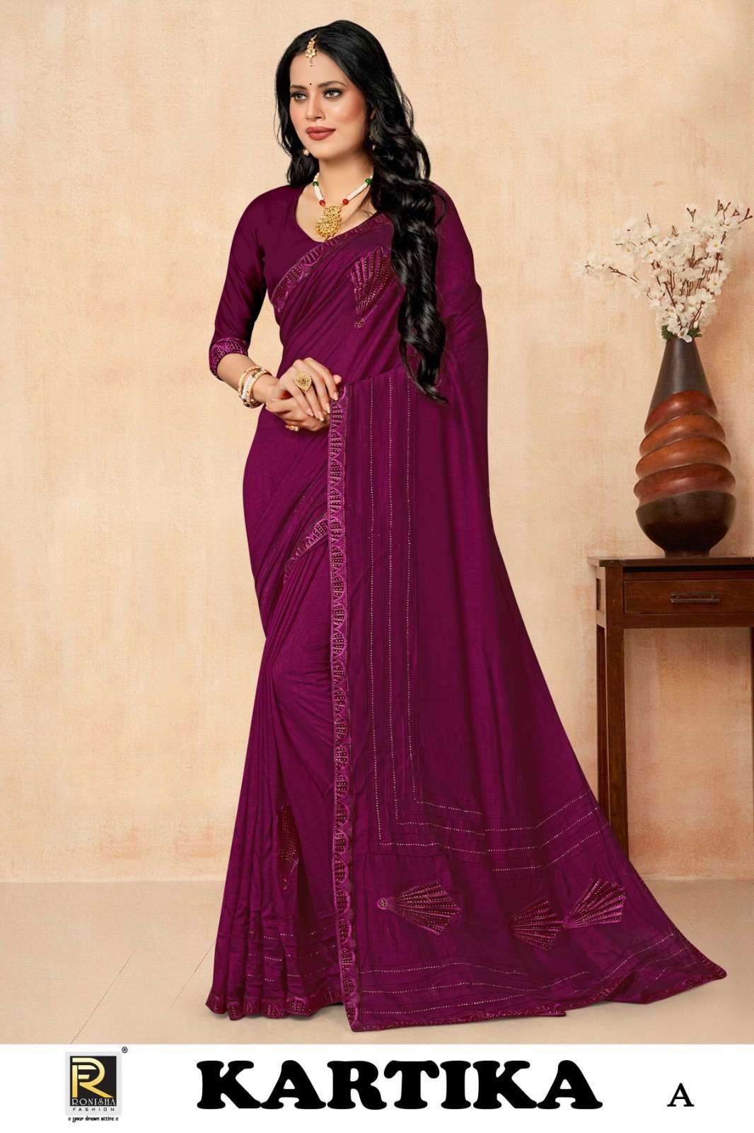 KARTIKA  BY RANJNA SAREE  FANCY FABRICS PATCH WORK  WITH SIROSKI DIAMOND AND EMBROIDERY WORK BORDER SUPER HIT COLLECTION 