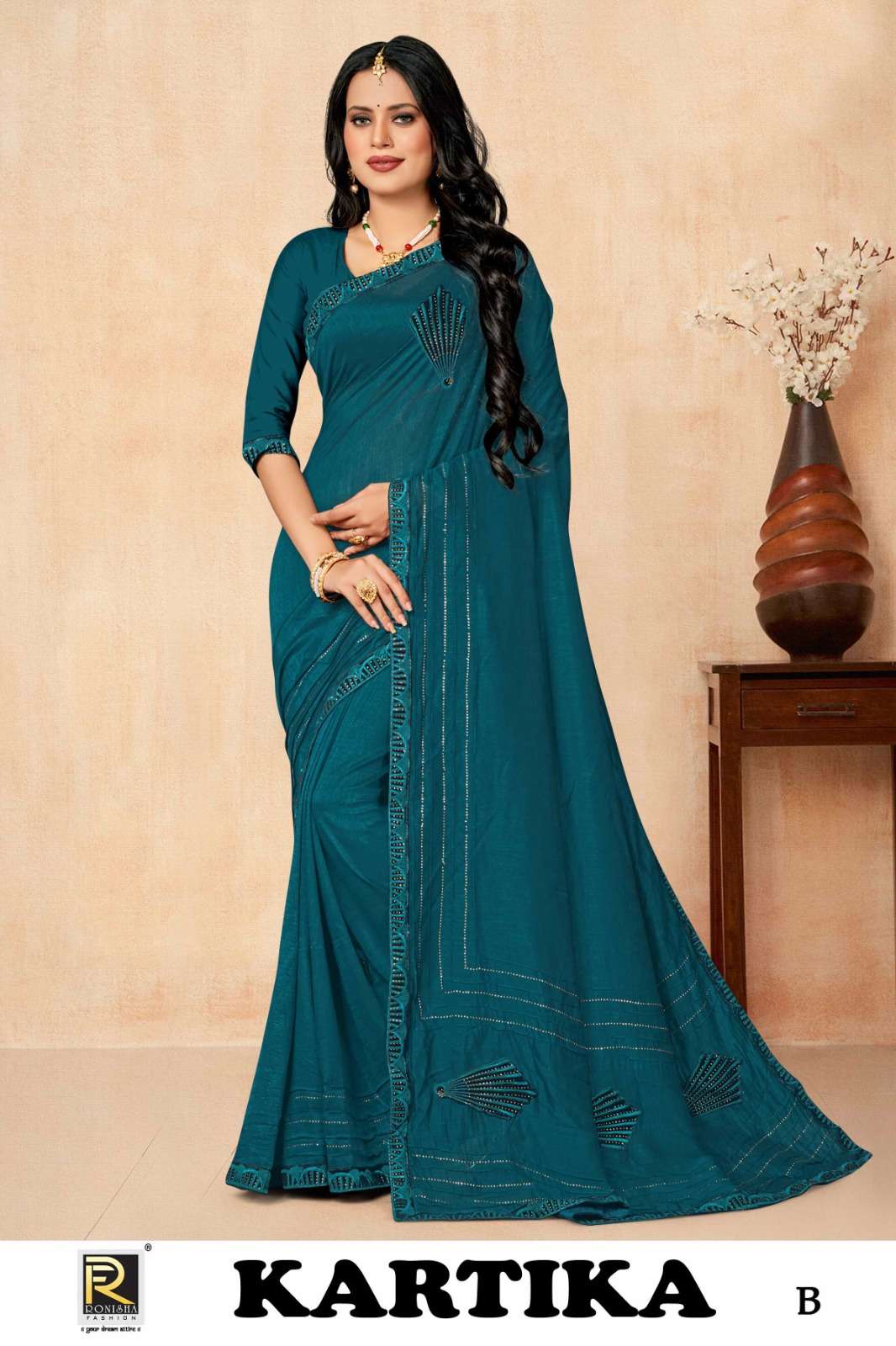 KARTIKA  BY RANJNA SAREE  FANCY FABRICS PATCH WORK  WITH SIROSKI DIAMOND AND EMBROIDERY WORK BORDER SUPER HIT COLLECTION 