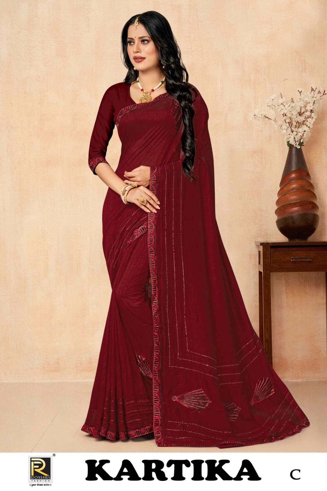 KARTIKA  BY RANJNA SAREE  FANCY FABRICS PATCH WORK  WITH SIROSKI DIAMOND AND EMBROIDERY WORK BORDER SUPER HIT COLLECTION 