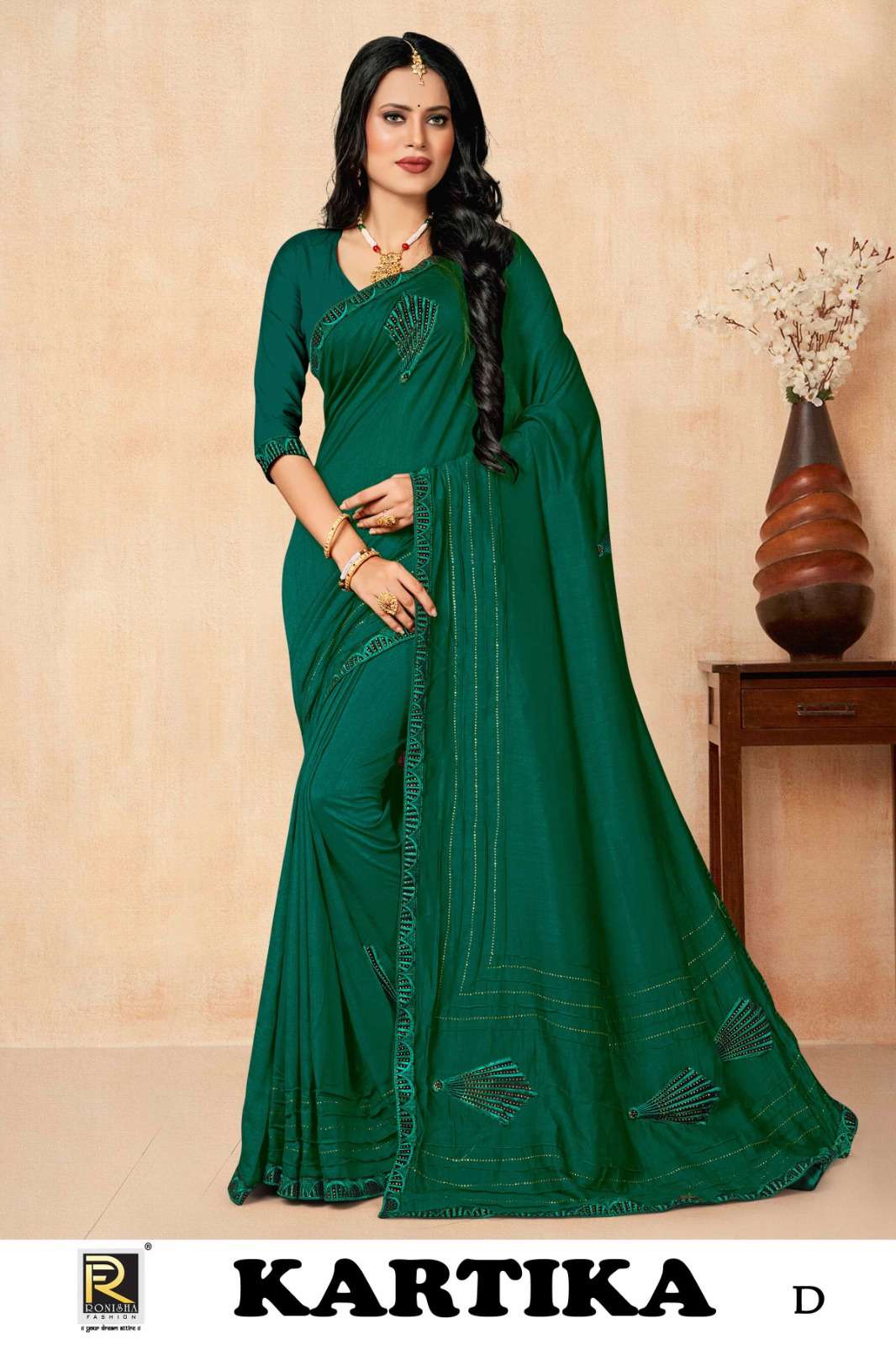 KARTIKA  BY RANJNA SAREE  FANCY FABRICS PATCH WORK  WITH SIROSKI DIAMOND AND EMBROIDERY WORK BORDER SUPER HIT COLLECTION 