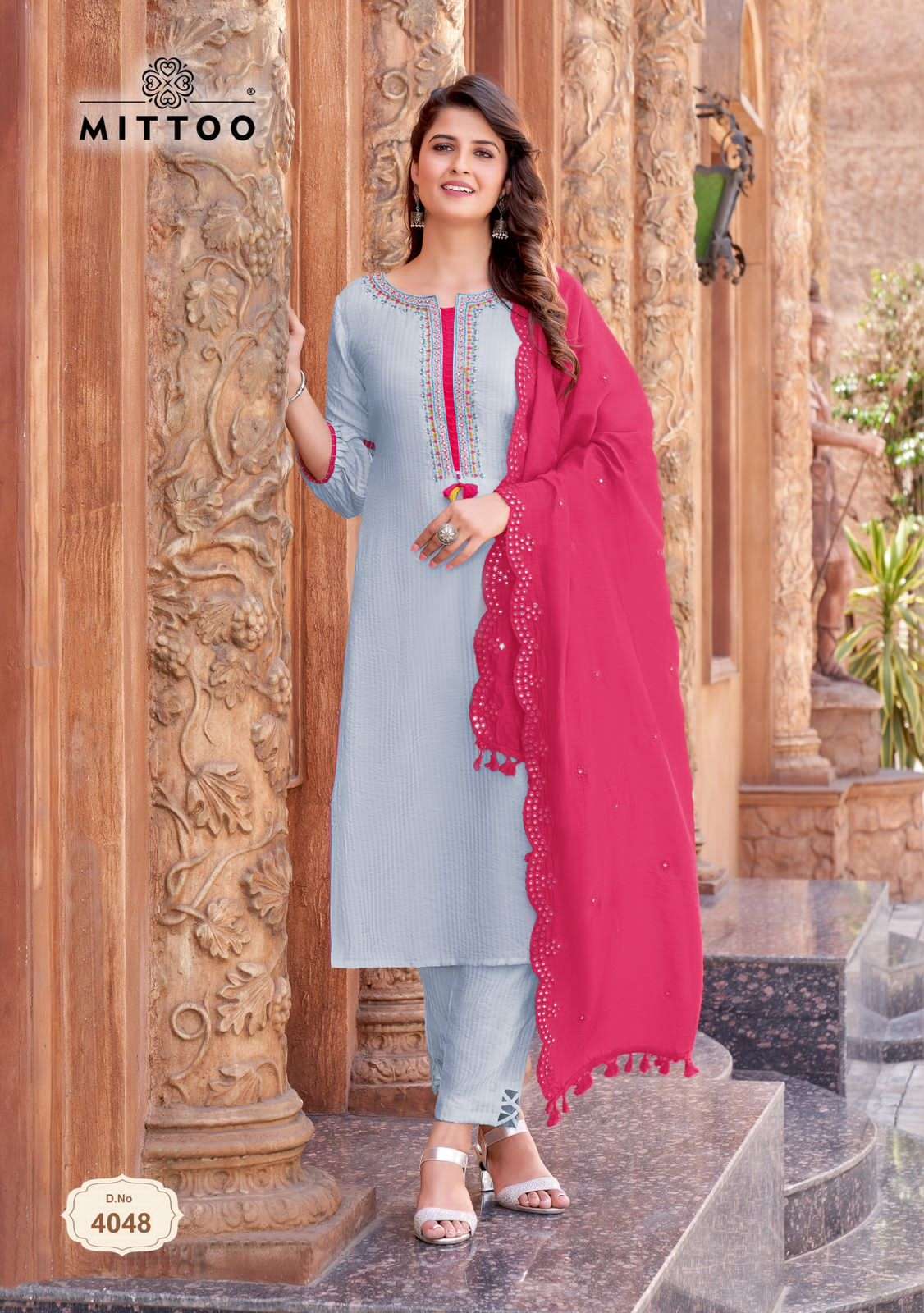 kohinoor vol 3 by mittoo fancy handwork straight kurti with pant and chanderi dupatta catalog