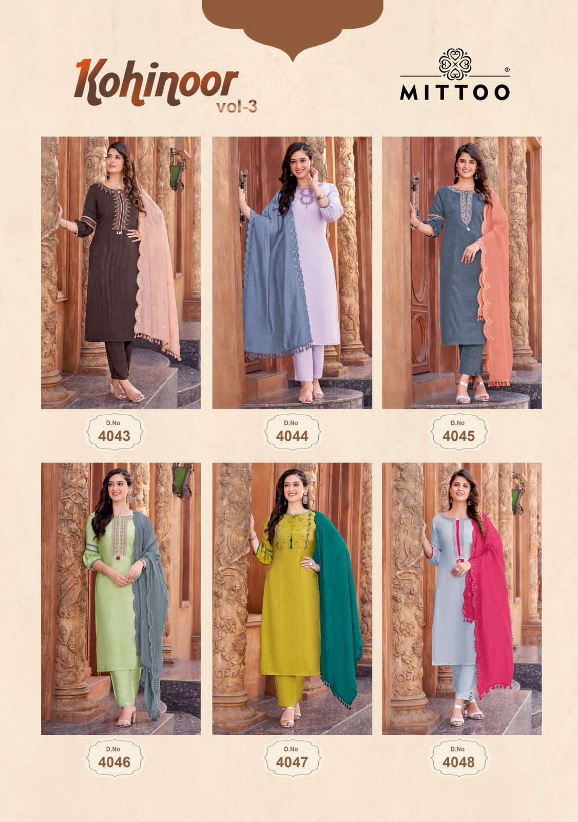 kohinoor vol 3 by mittoo fancy handwork straight kurti with pant and chanderi dupatta catalog