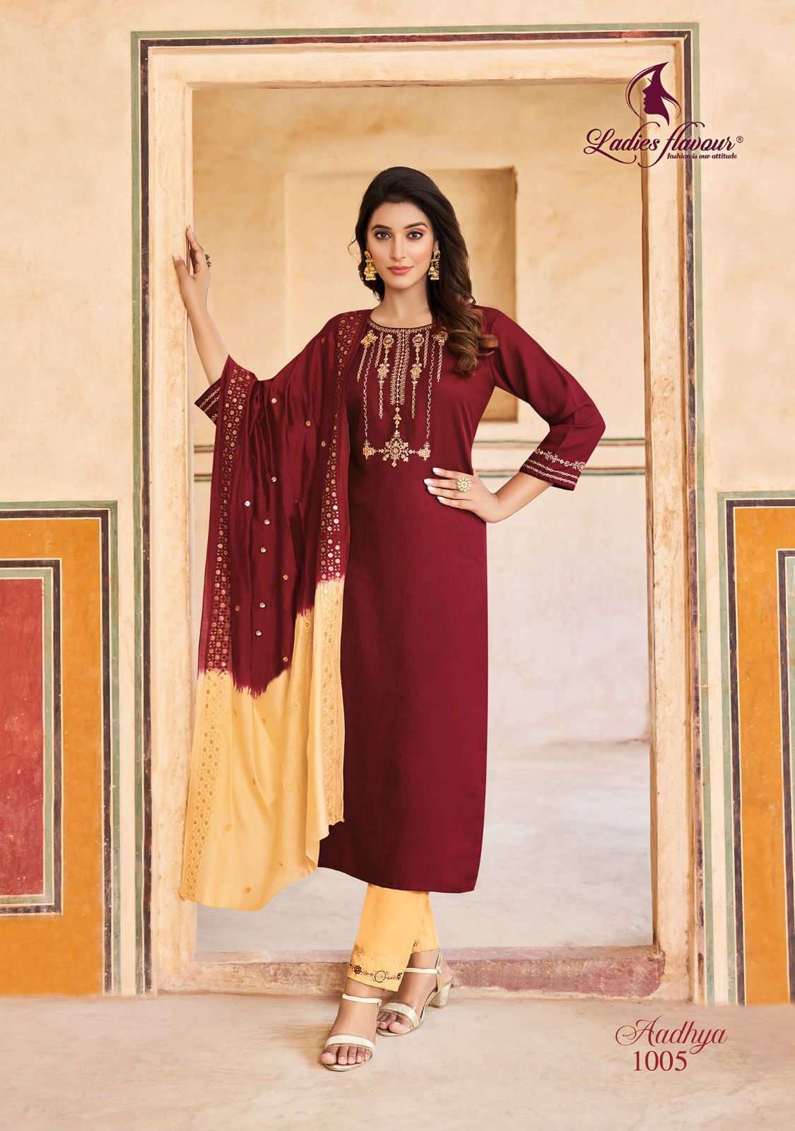 ladies flavour present aadhya fancy amazing work fullstitch kurti with pant and chanderi dupatta catalog
