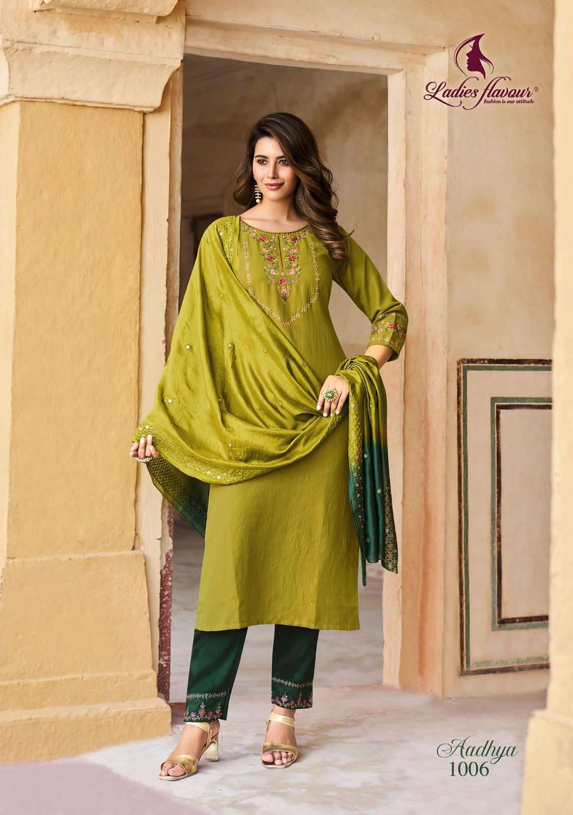 ladies flavour present aadhya fancy amazing work fullstitch kurti with pant and chanderi dupatta catalog