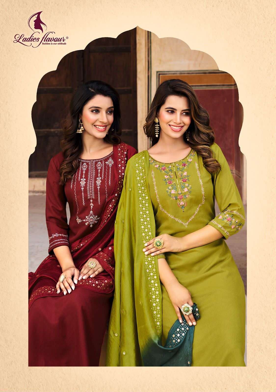 ladies flavour present aadhya fancy amazing work fullstitch kurti with pant and chanderi dupatta catalog