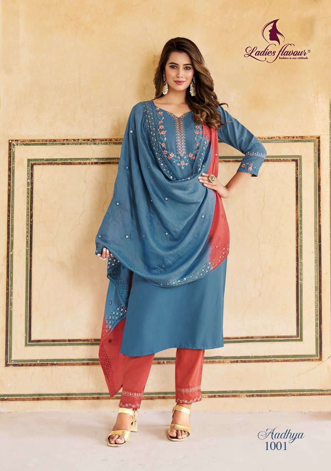 ladies flavour present aadhya fancy amazing work fullstitch kurti with pant and chanderi dupatta catalog