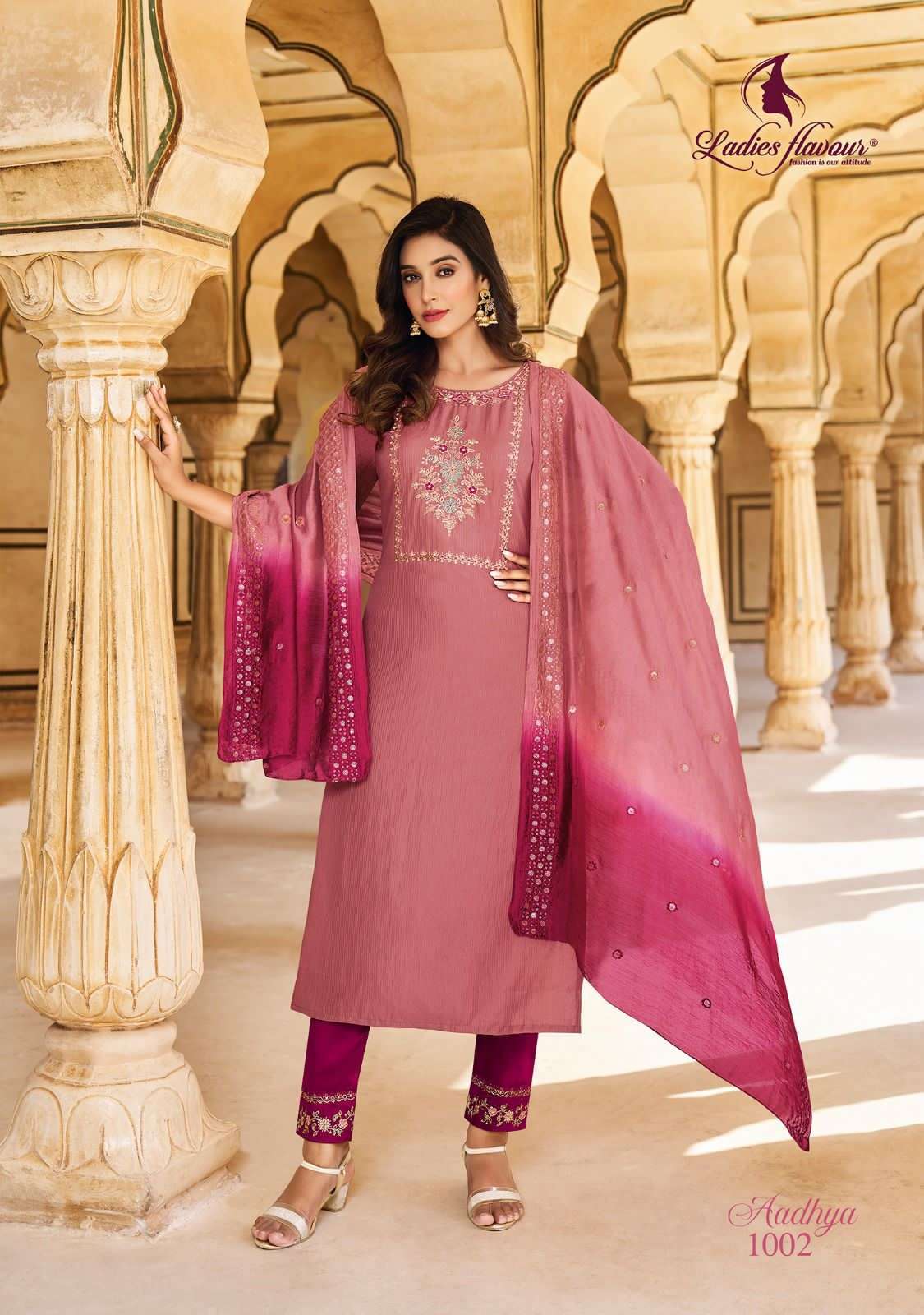 ladies flavour present aadhya fancy amazing work fullstitch kurti with pant and chanderi dupatta catalog