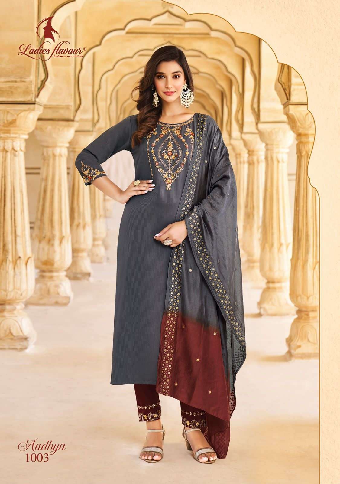 ladies flavour present aadhya fancy amazing work fullstitch kurti with pant and chanderi dupatta catalog