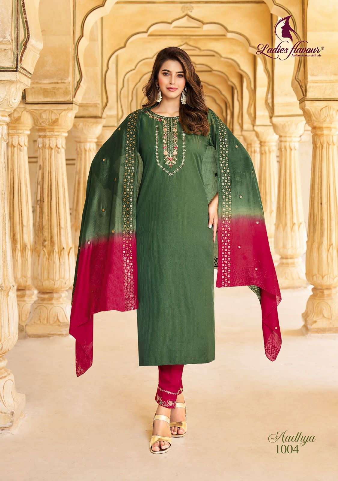 ladies flavour present aadhya fancy amazing work fullstitch kurti with pant and chanderi dupatta catalog