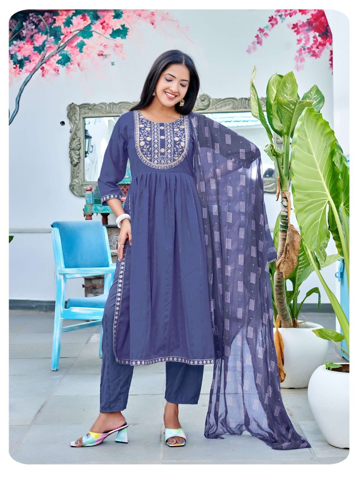 rung present chitra fancy work kurti with pant and dupatta catalog