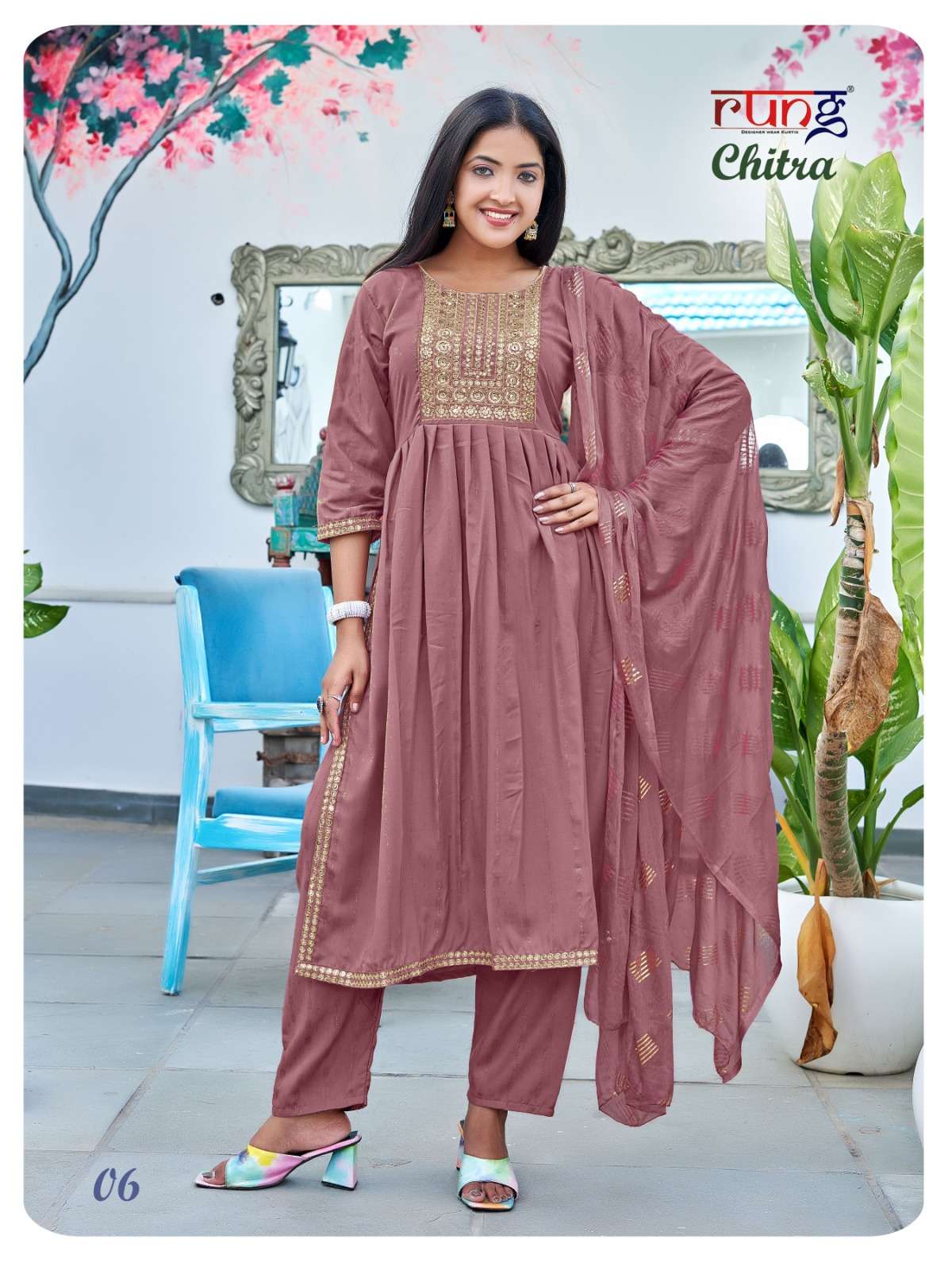 rung present chitra fancy work kurti with pant and dupatta catalog