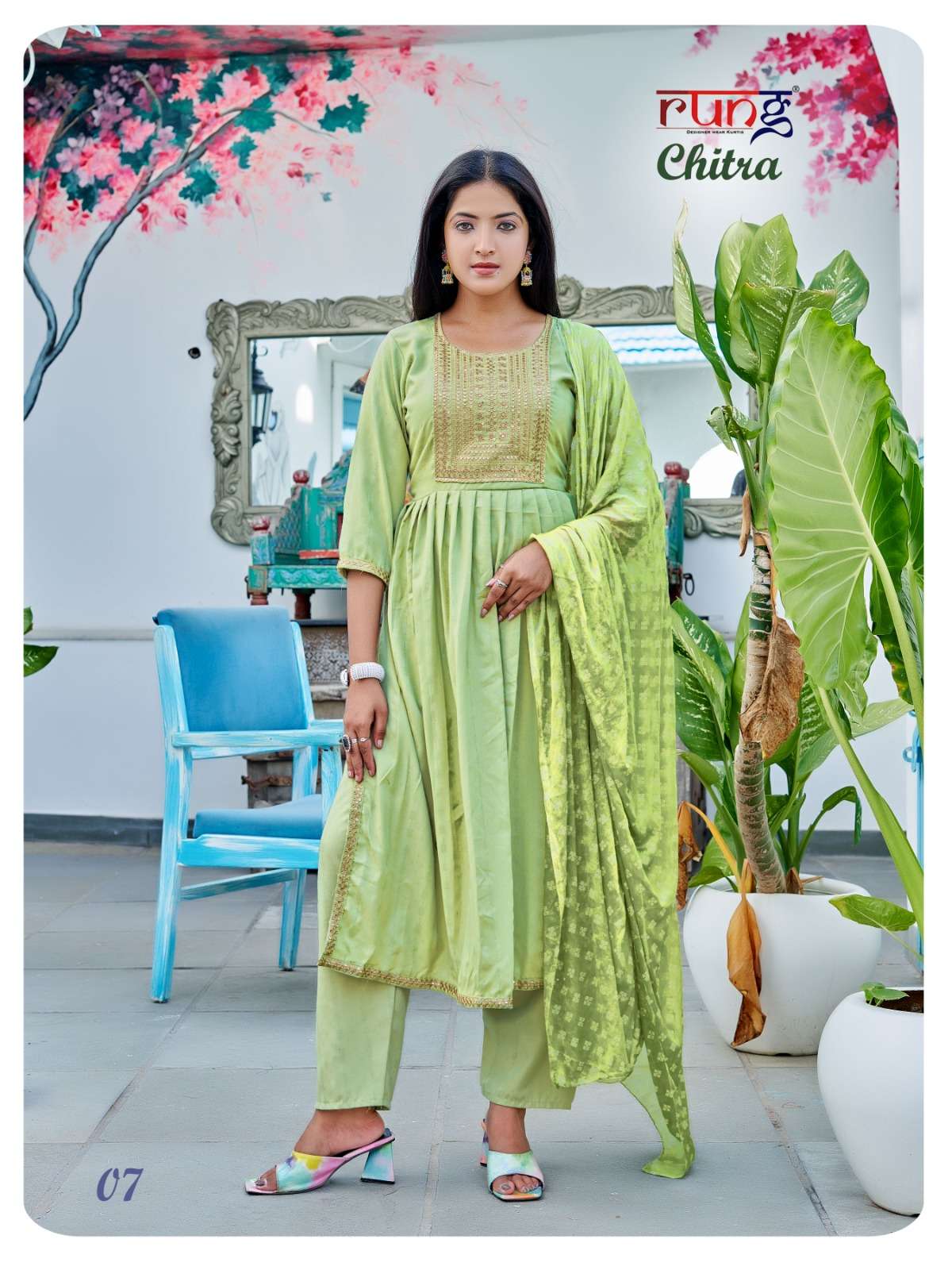 rung present chitra fancy work kurti with pant and dupatta catalog