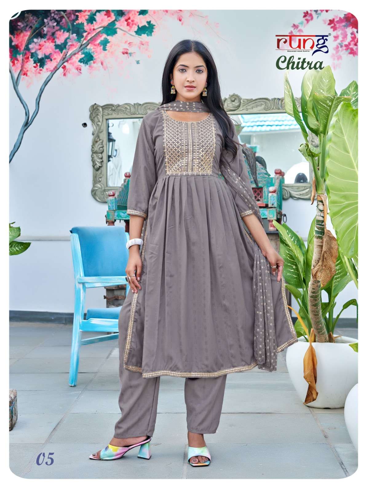 rung present chitra fancy work kurti with pant and dupatta catalog