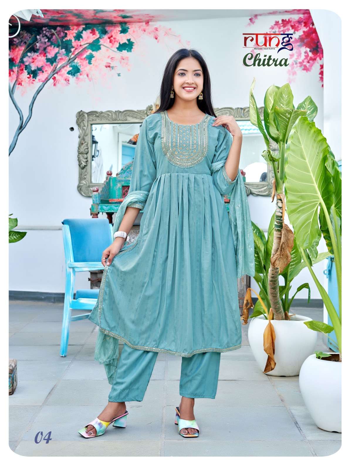 rung present chitra fancy work kurti with pant and dupatta catalog