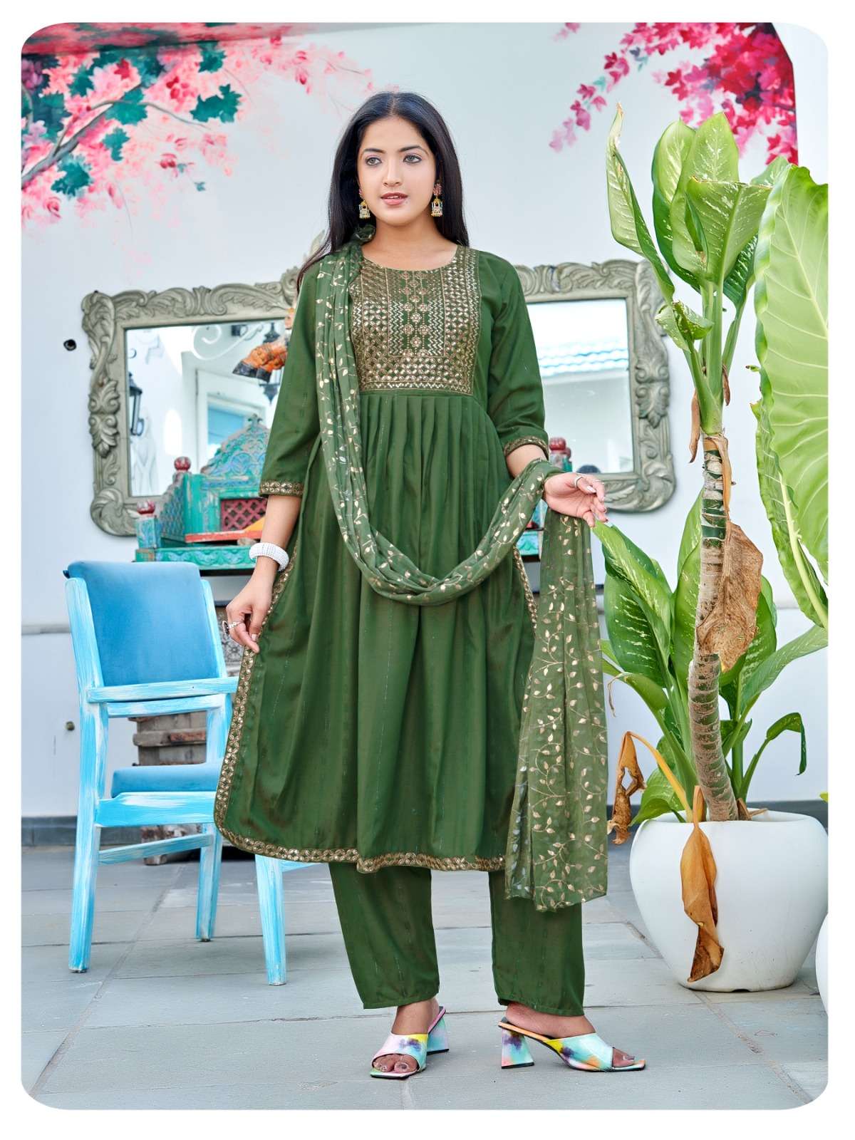 rung present chitra fancy work kurti with pant and dupatta catalog