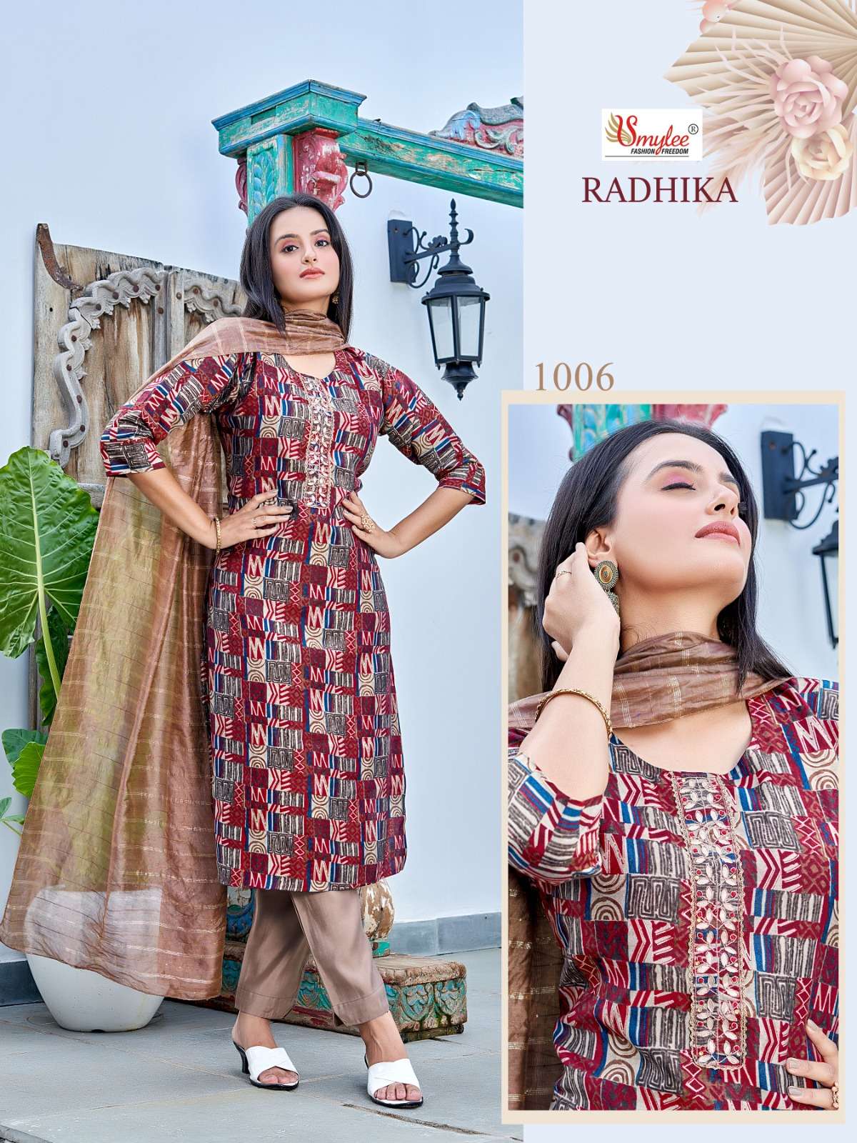 smylee present radhika fancy handwork kurti with pant and dupatta catalog