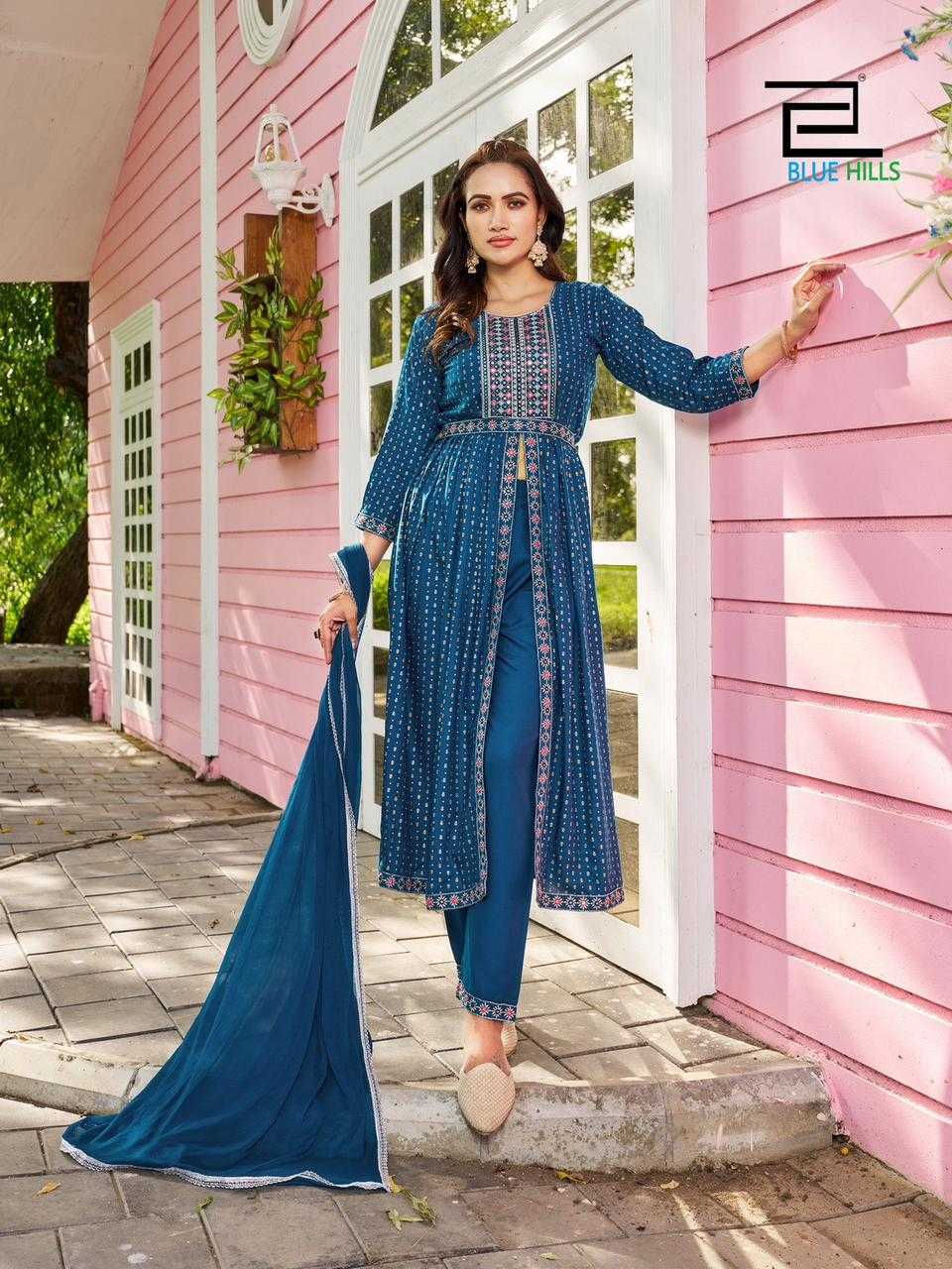 blue hills fashion reel vol 1 amazing fancy center cut kurti pant with dupatta and work belt in plus sizes