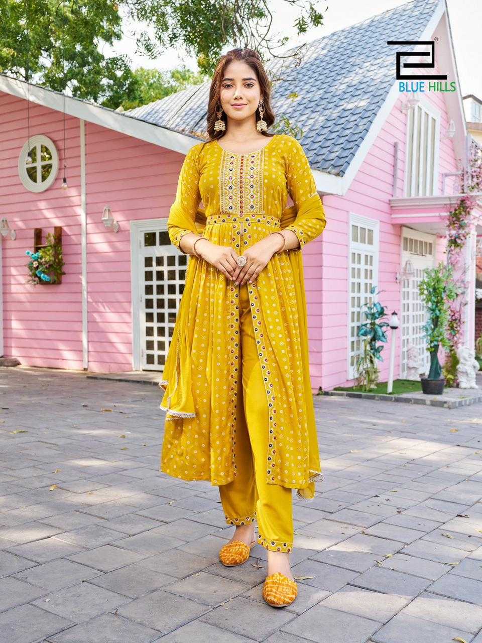 blue hills fashion reel vol 1 amazing fancy center cut kurti pant with dupatta and work belt in plus sizes