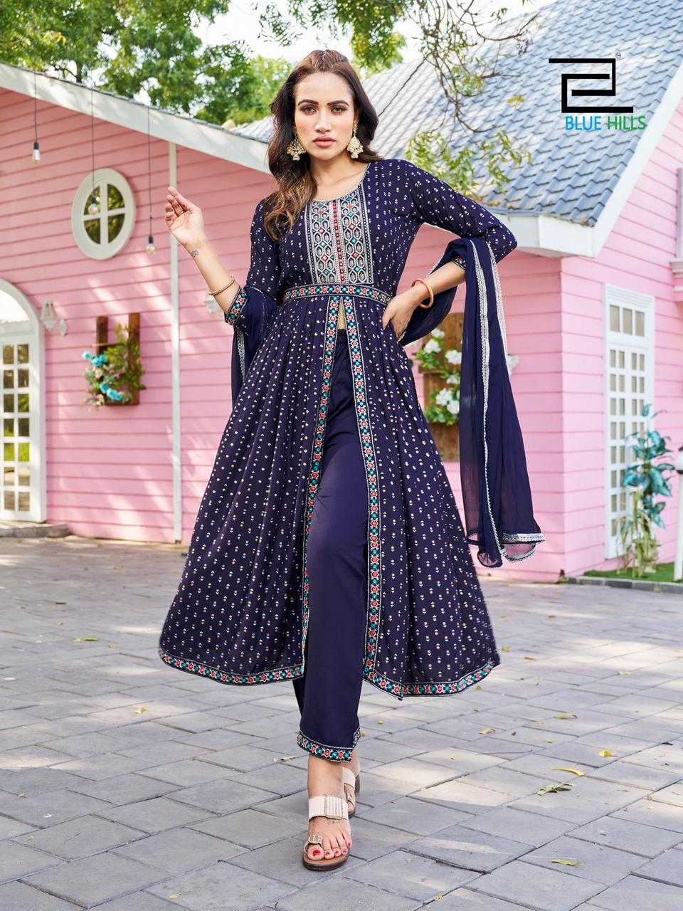 blue hills fashion reel vol 1 amazing fancy center cut kurti pant with dupatta and work belt in plus sizes