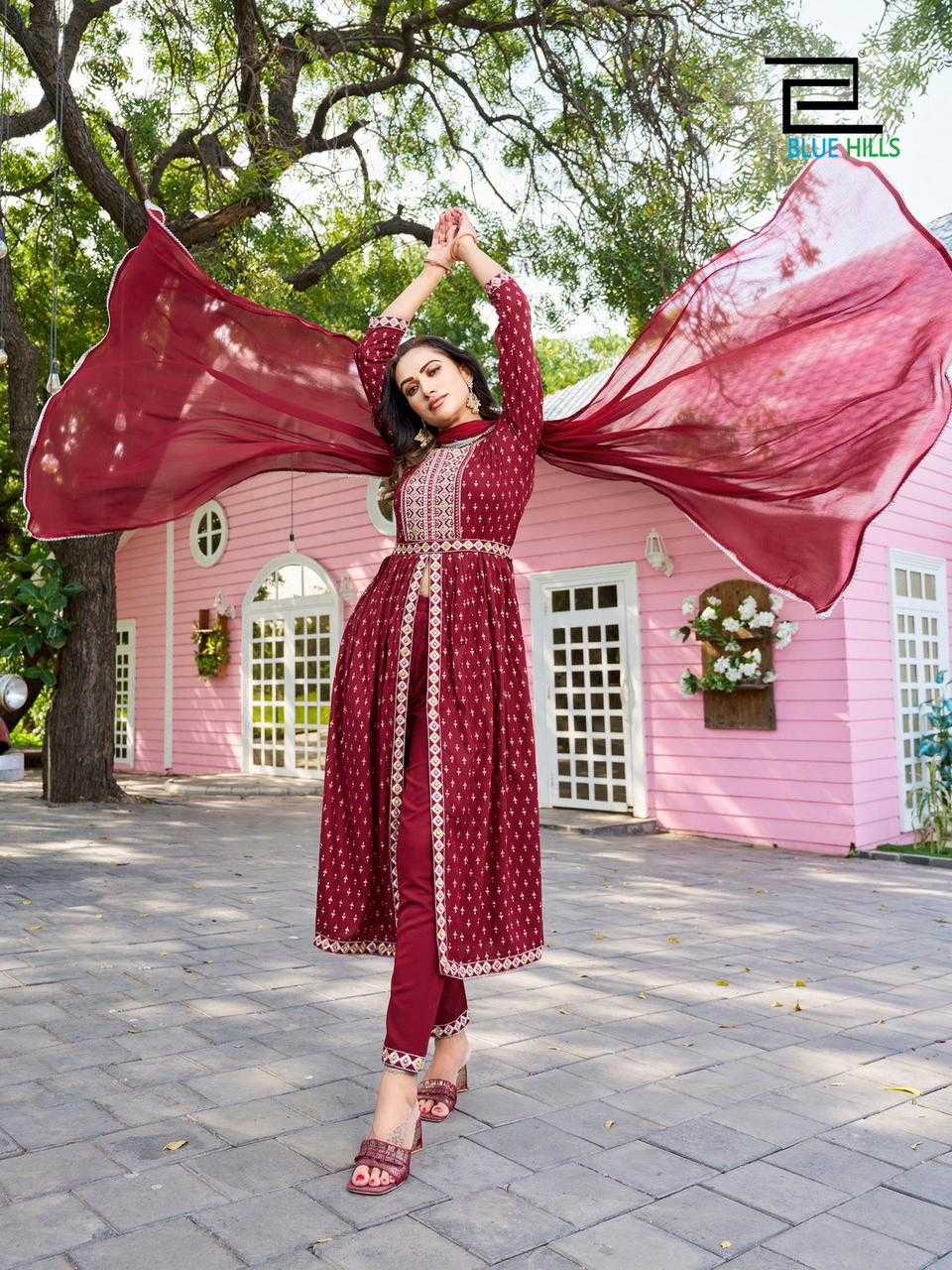 blue hills fashion reel vol 1 amazing fancy center cut kurti pant with dupatta and work belt in plus sizes