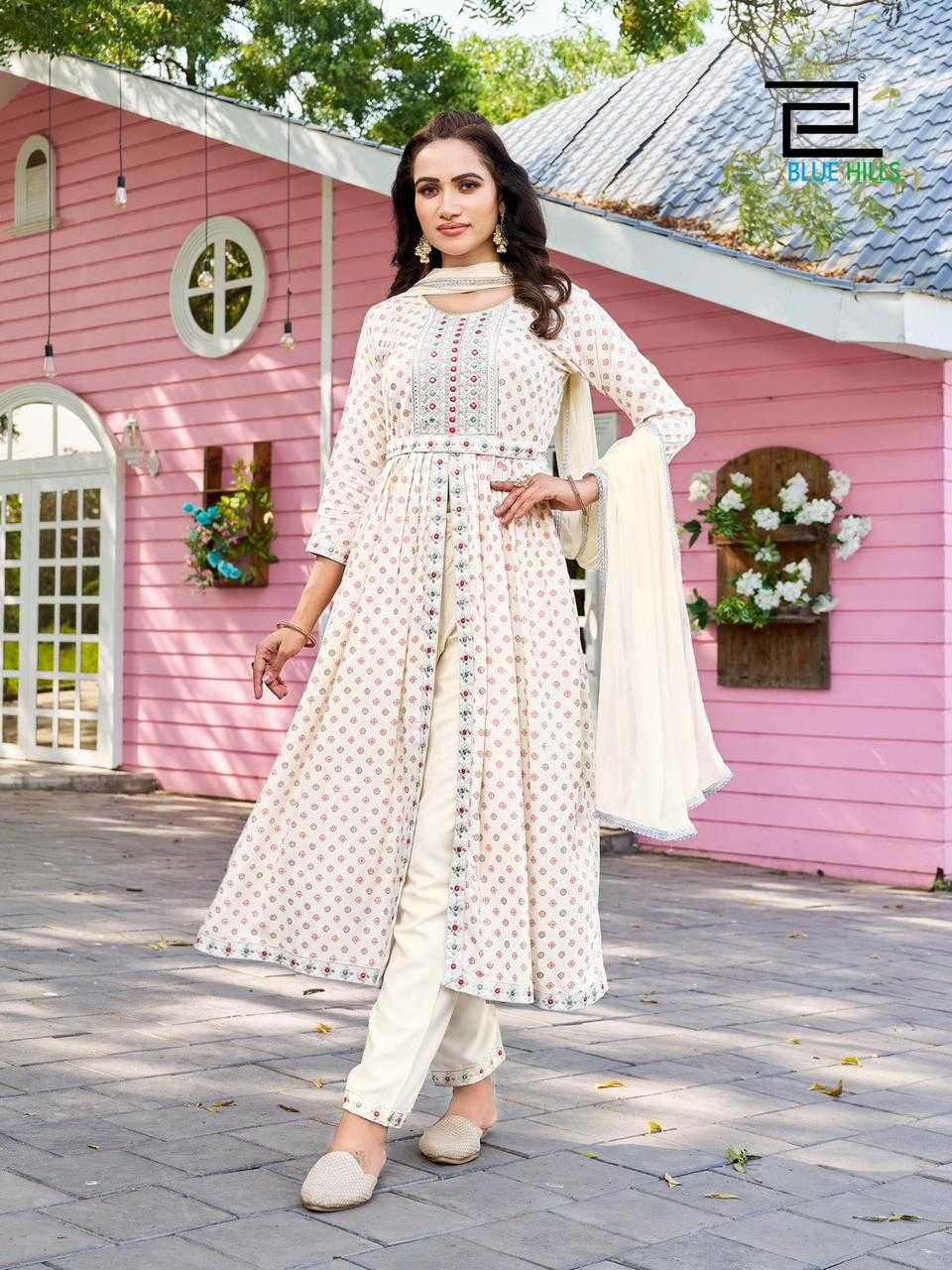 blue hills fashion reel vol 1 amazing fancy center cut kurti pant with dupatta and work belt in plus sizes