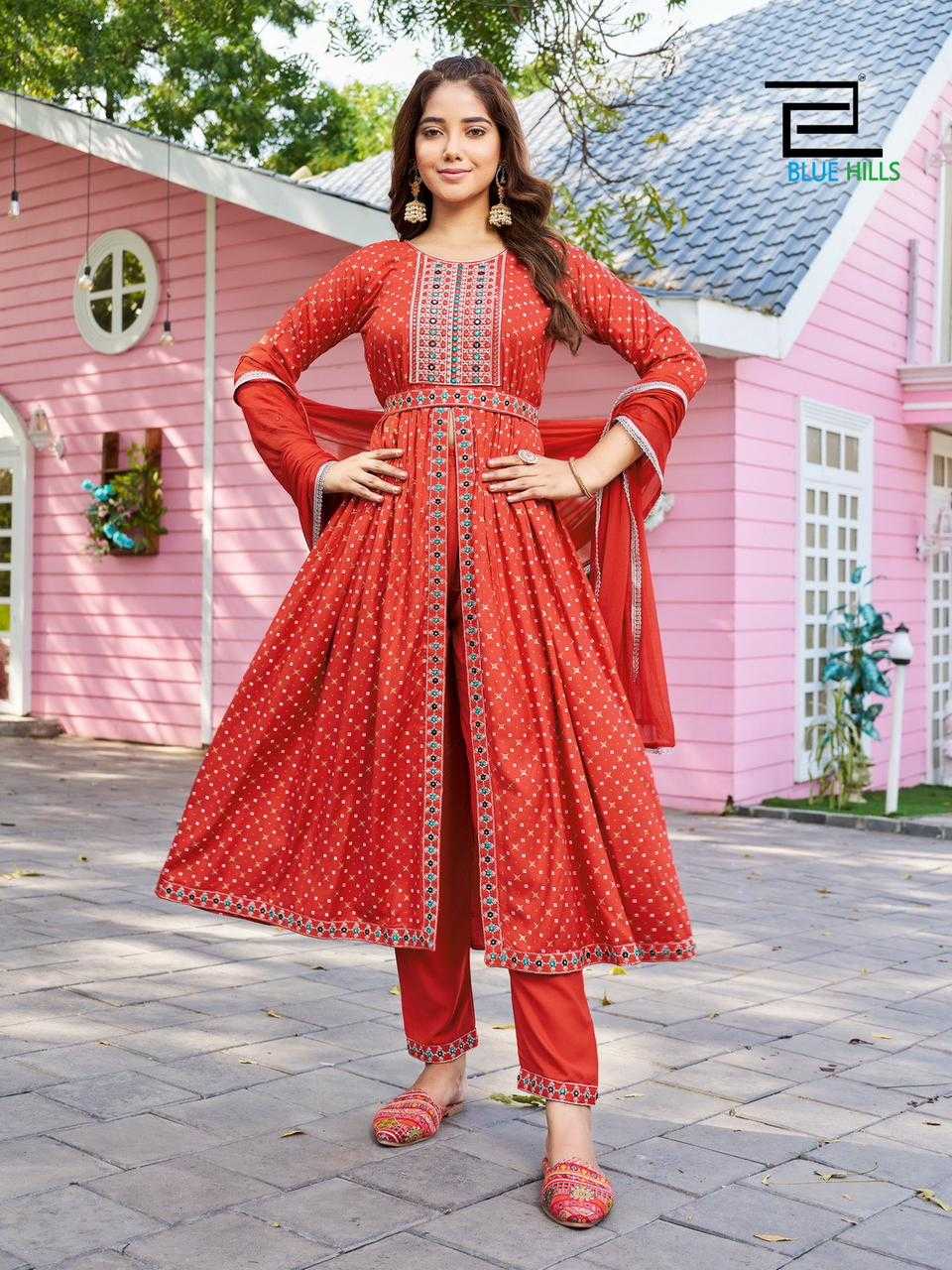 blue hills fashion reel vol 1 amazing fancy center cut kurti pant with dupatta and work belt in plus sizes