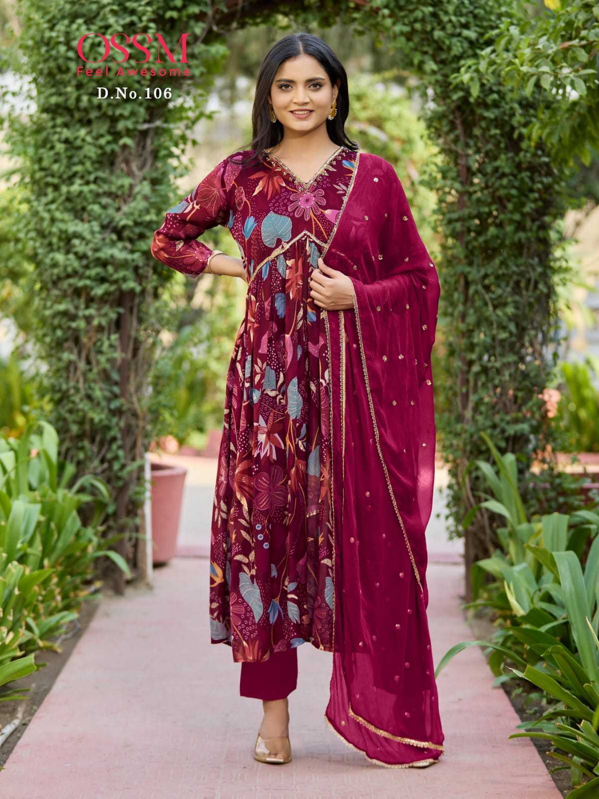 ossm nargis readymade alia cut kurti pant dupatta with handwork and mirror work catalog