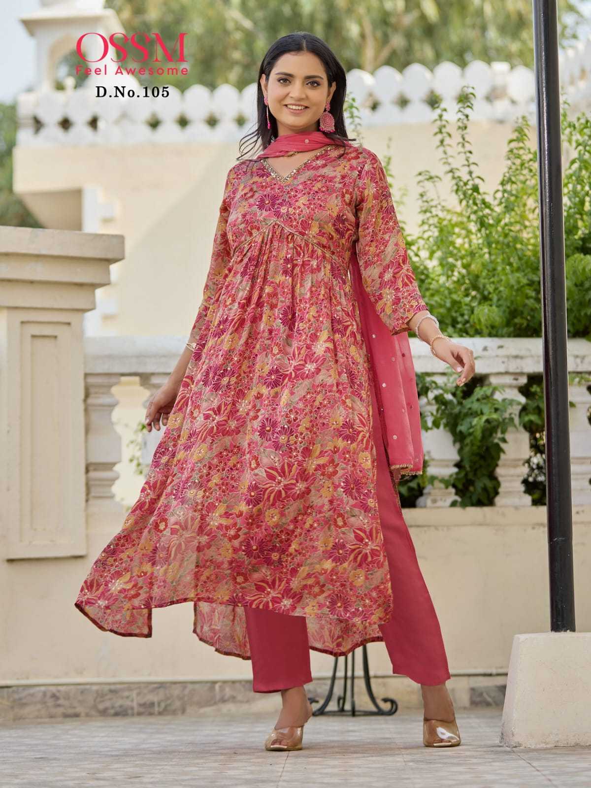 ossm nargis readymade alia cut kurti pant dupatta with handwork and mirror work catalog