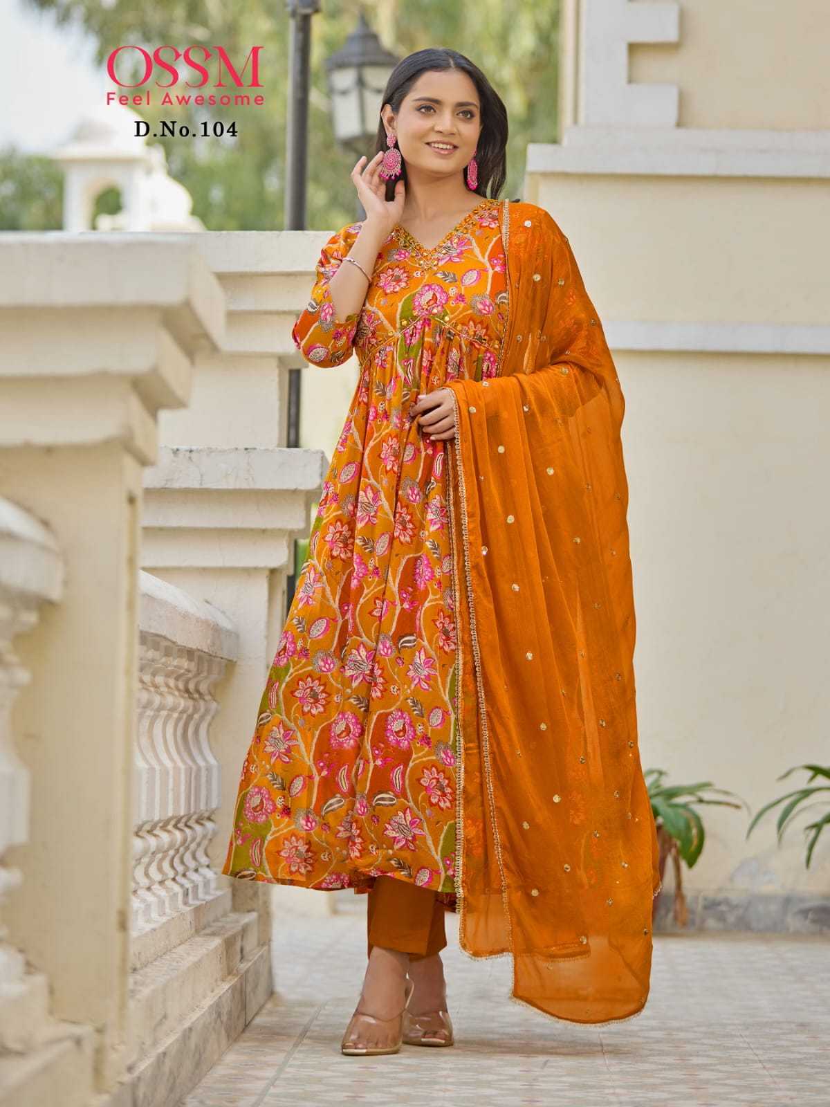 ossm nargis readymade alia cut kurti pant dupatta with handwork and mirror work catalog