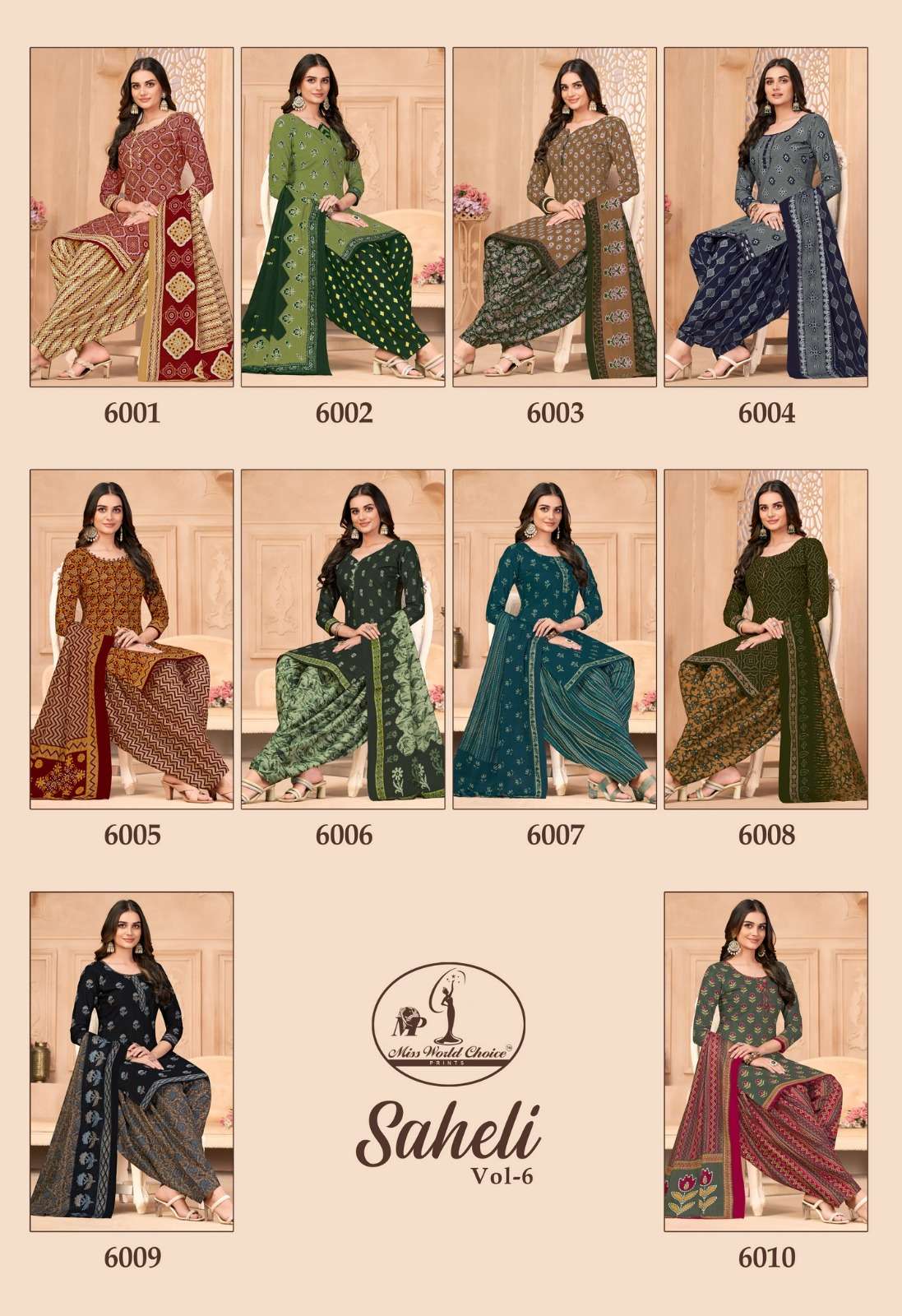 saheli vol 6 by miss world choice unstitch cotton suit material catalog