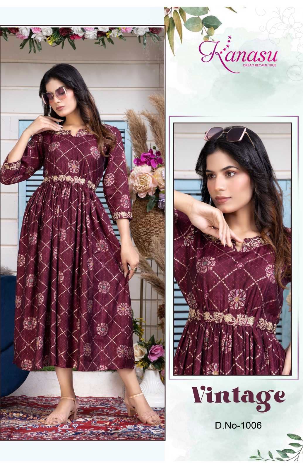 kanasu vintage stitched designer long flair kurti with adjustable dori 