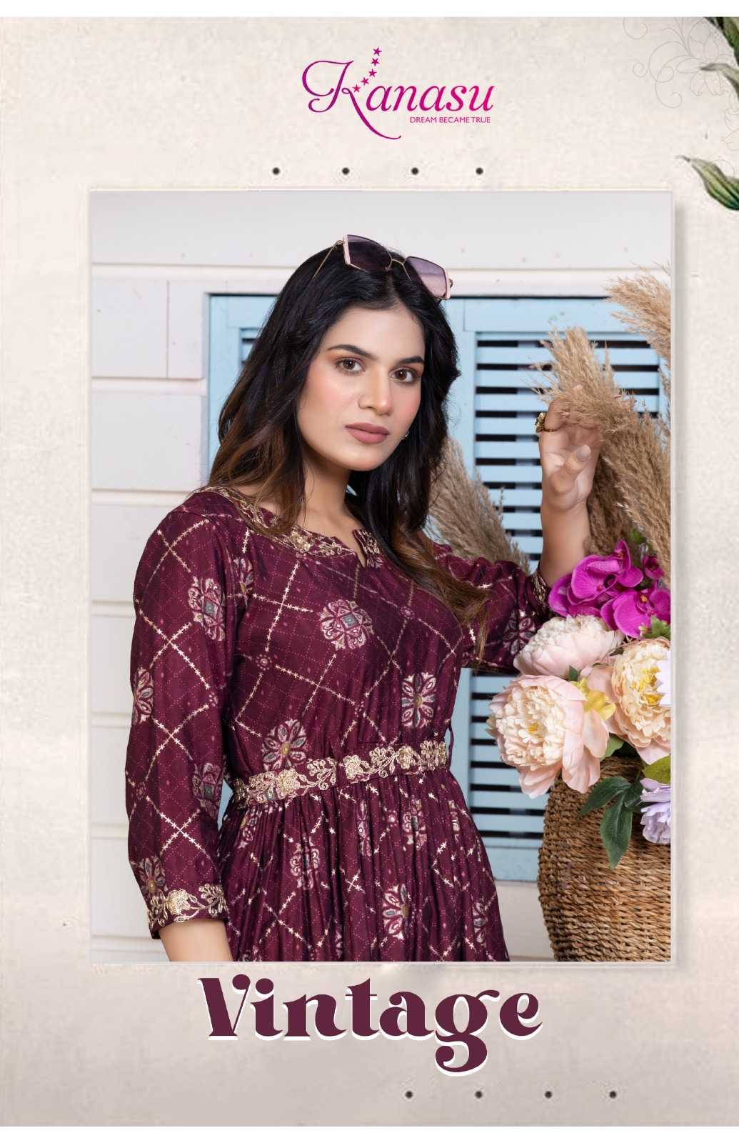 kanasu vintage stitched designer long flair kurti with adjustable dori 